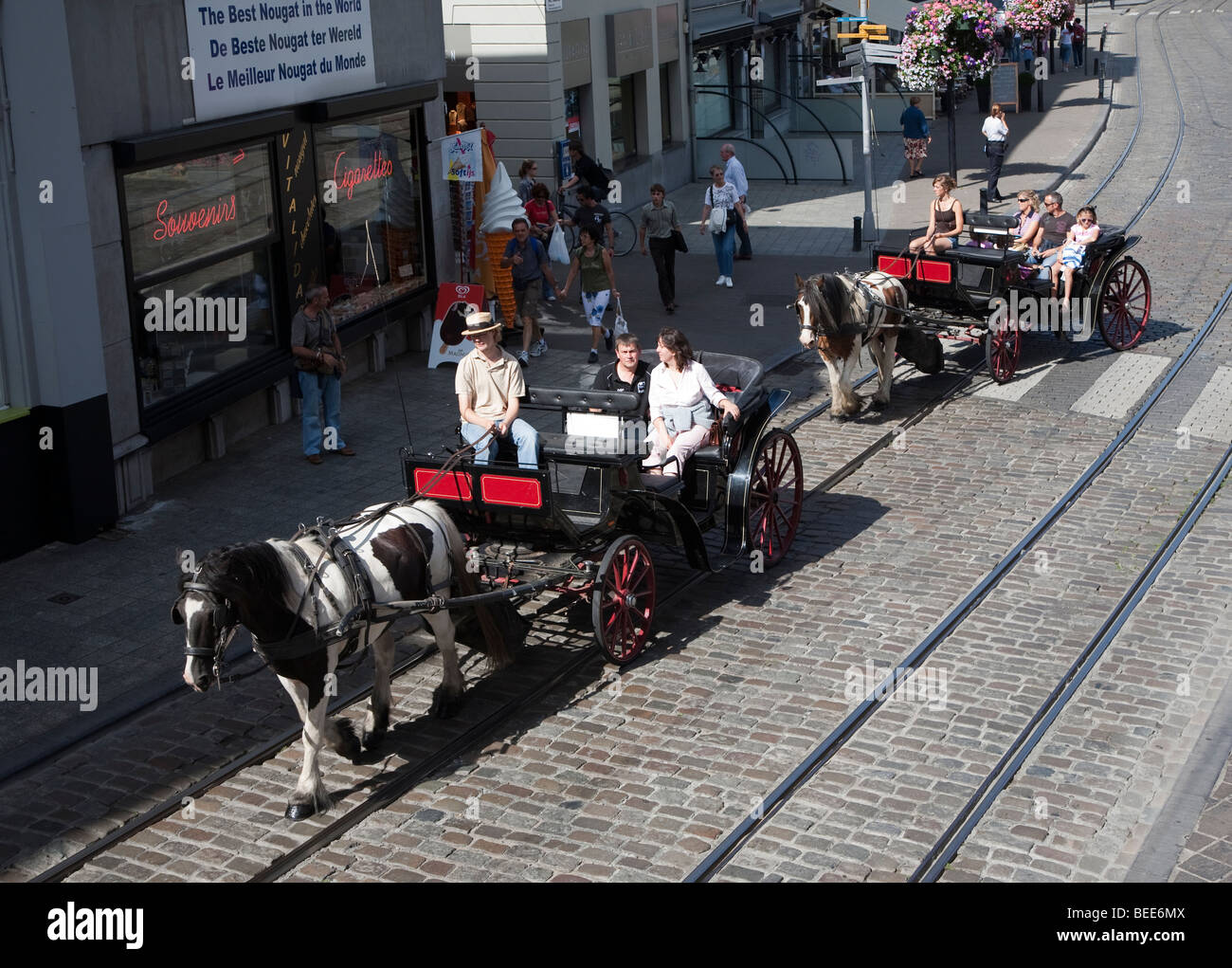 Touristischen Sightseeing-Touren von Pferden gezogene Trainer durch Zentrum von Gent Belgien Stockfoto