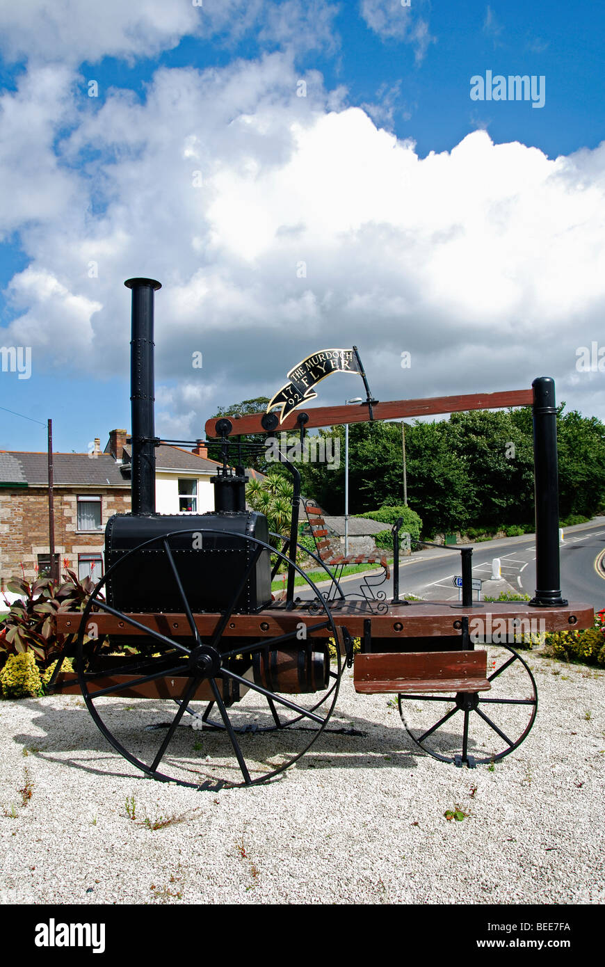 eine Nachbildung des "Murdoch Flyer" in Redruth, Cornwall (eines der ersten Dampfmaschinen Road Transport) gebaut von Richard Murdoch Stockfoto