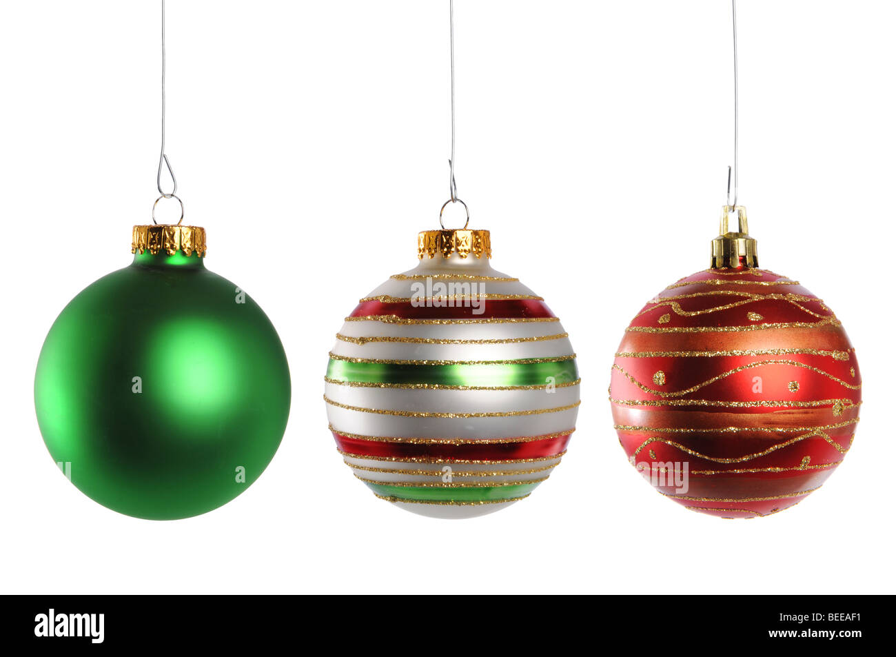 Drei Weihnachtsschmuck isoliert auf weißem Hintergrund Stockfoto