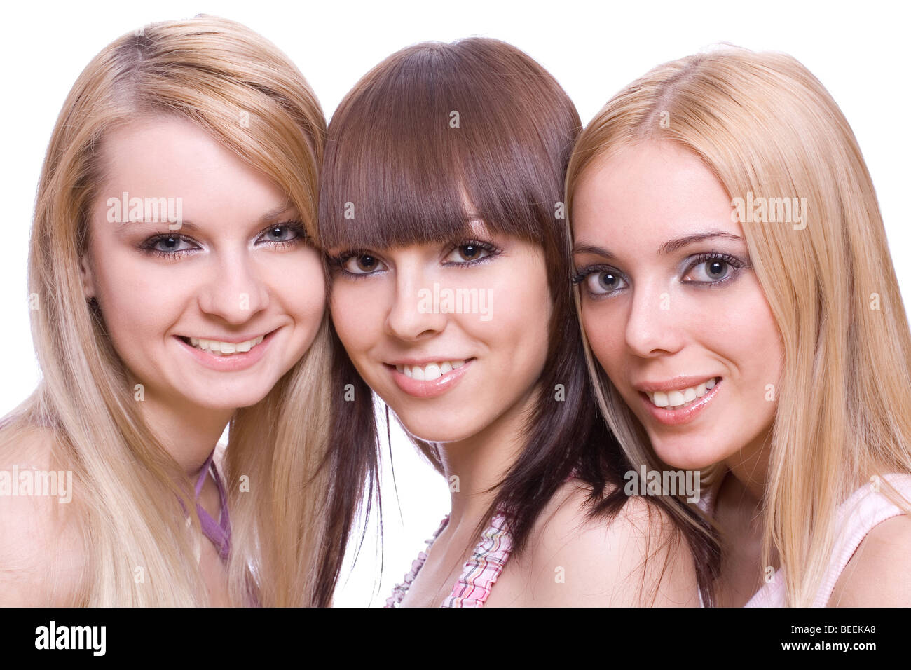 drei Girls zusammen auf einem weißen Hintergrund Stockfoto