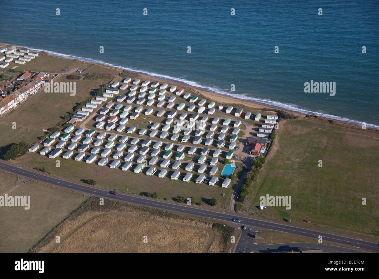 Luftaufnahme von Cromer Stadt statische Caravan Park Norfolk Stockfoto