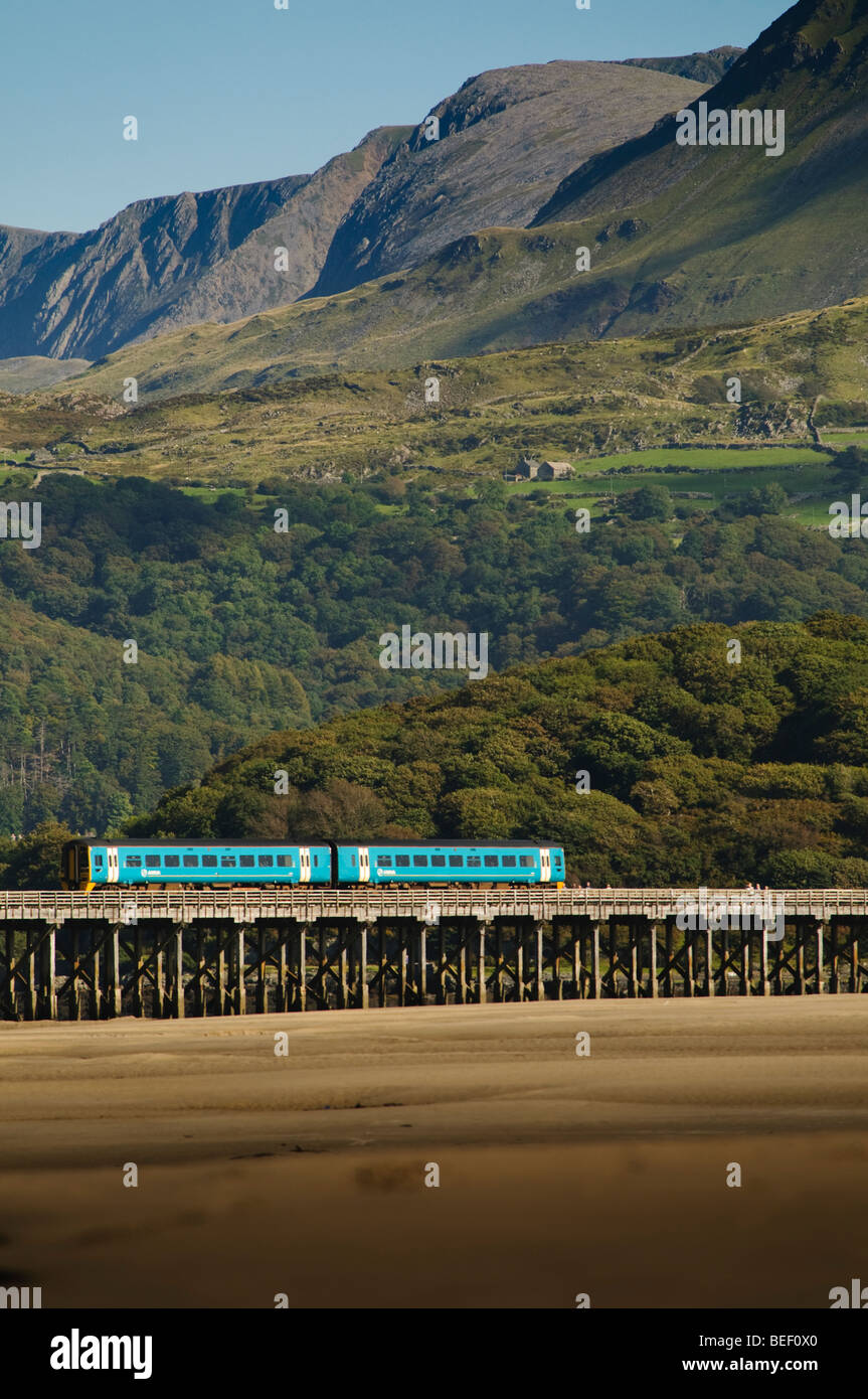 ARRIVA Wales Zug überquert die hölzernen, Brücke über den Mawddach Mündung, Snowdonia-Nationalpark, Gwynedd, North Wales, UK Stockfoto