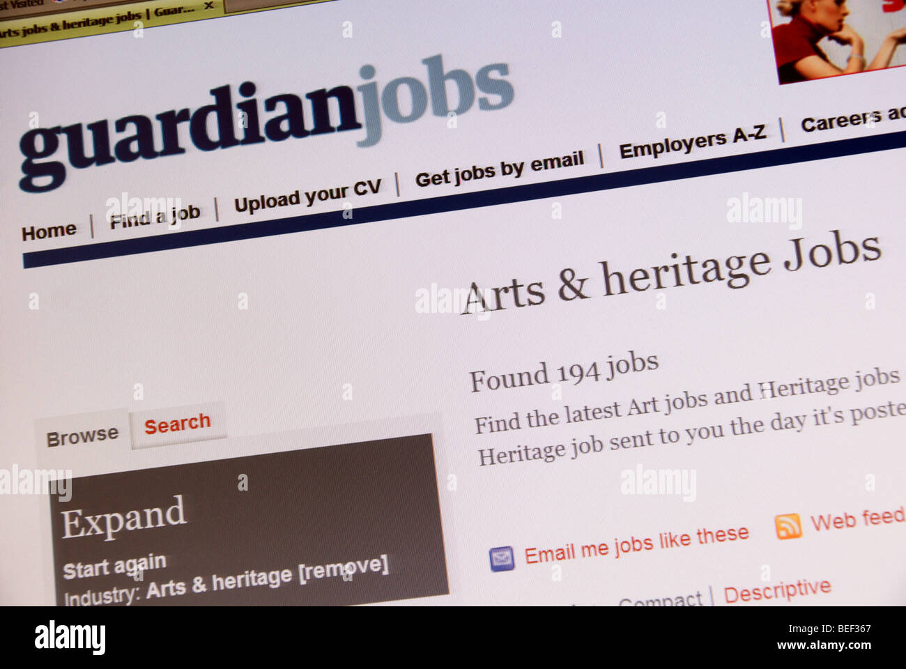 Screenshot der Guardian Online-Kunst und Kulturerbe-Job-Suche web-Seite Stockfoto