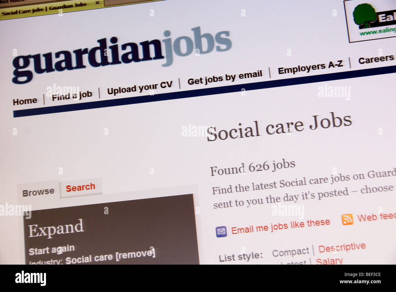 Screenshot der Guardian online Social Care Job Search Webseite Stockfoto