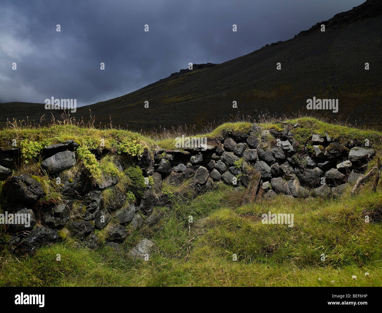Ruinen der alten Steinmauer, Ost-Island Stockfoto