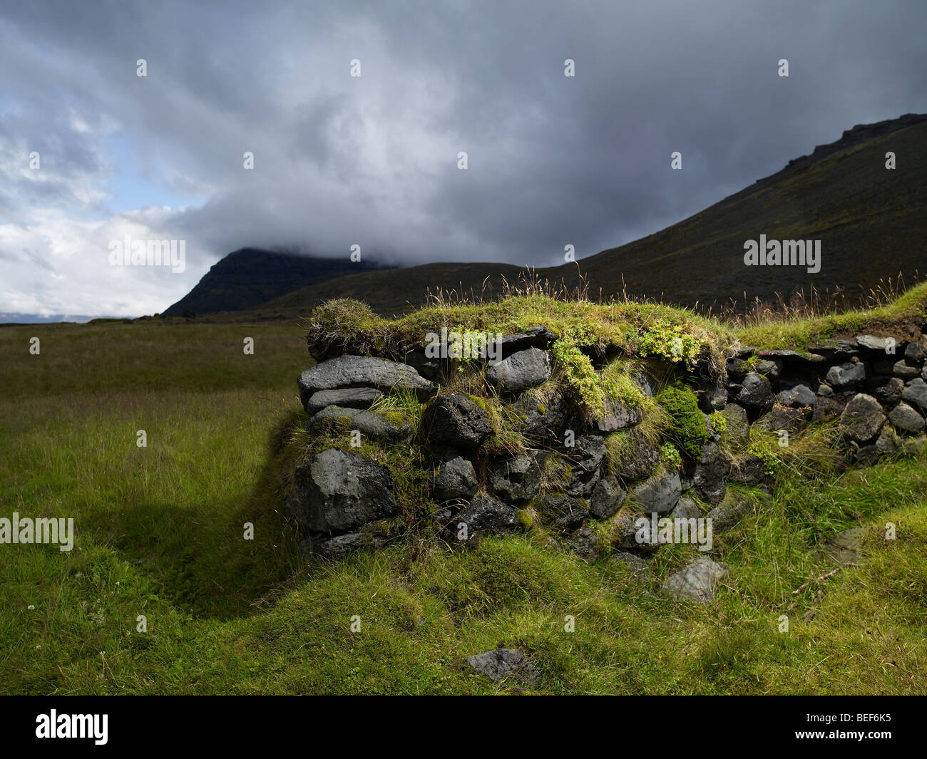 Ruinen der alten Steinmauer, Ost-Island Stockfoto