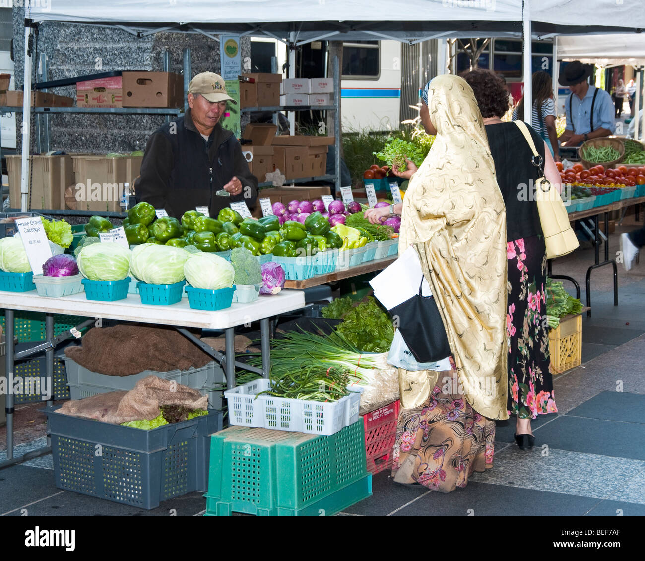ein Kunde, der Kauf von frischem Gemüse auf einem Bauernmarkt in Minnesota Stockfoto
