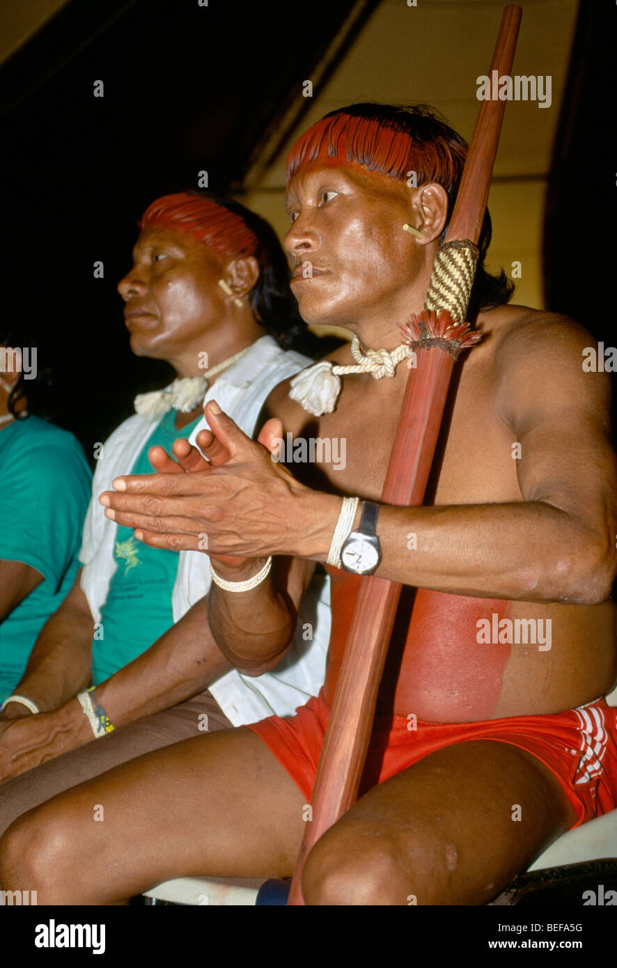 Kaiapo Indigenen, Zelt 9 Treffen der Indigenen Völker, auf Earth Summit 1992, Rio De Janeiro, Brasilien, Südamerika. Stockfoto