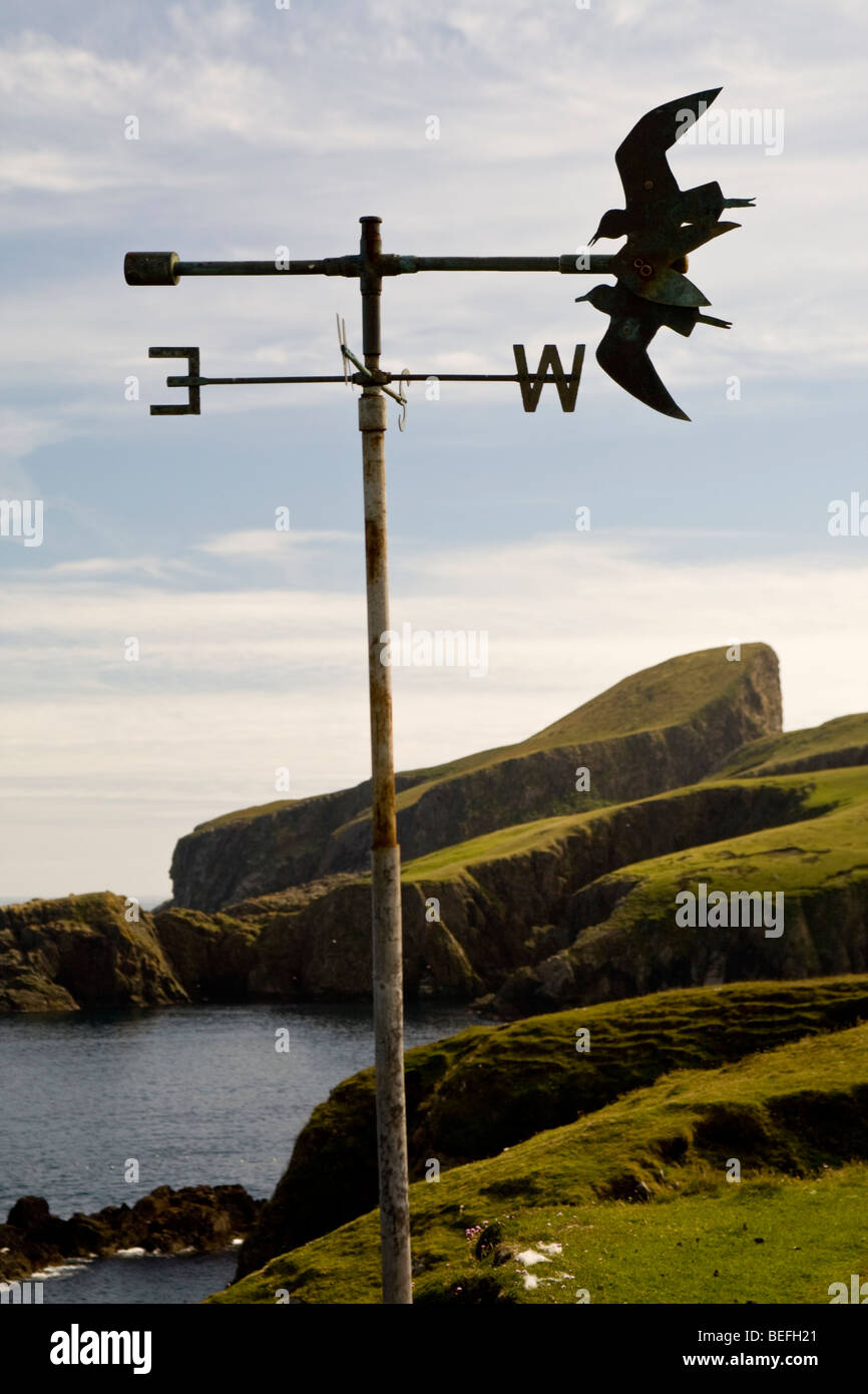 Wetterfahne mit Symbol des Fair Isle Bird Observatory mit Schafen Rock im Hintergrund auf Fair Isle Shetland Stockfoto
