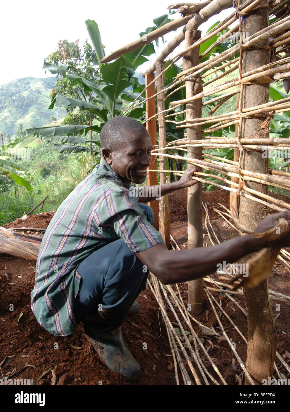 Bakonzo Mann bauen eine kleine Mudhut, Ruwenzori-Gebirge, West-Uganda, Afrika Stockfoto