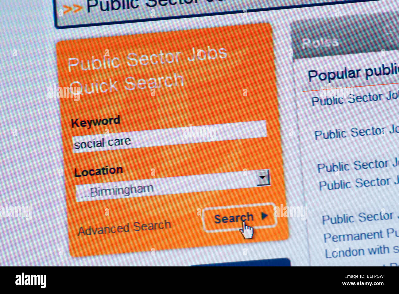 Makro-Screenshot der Telegraph Online-Jobsuche öffentlicher Web-Seite auf der Suche nach Social Care Positionen in Birmingham Stockfoto
