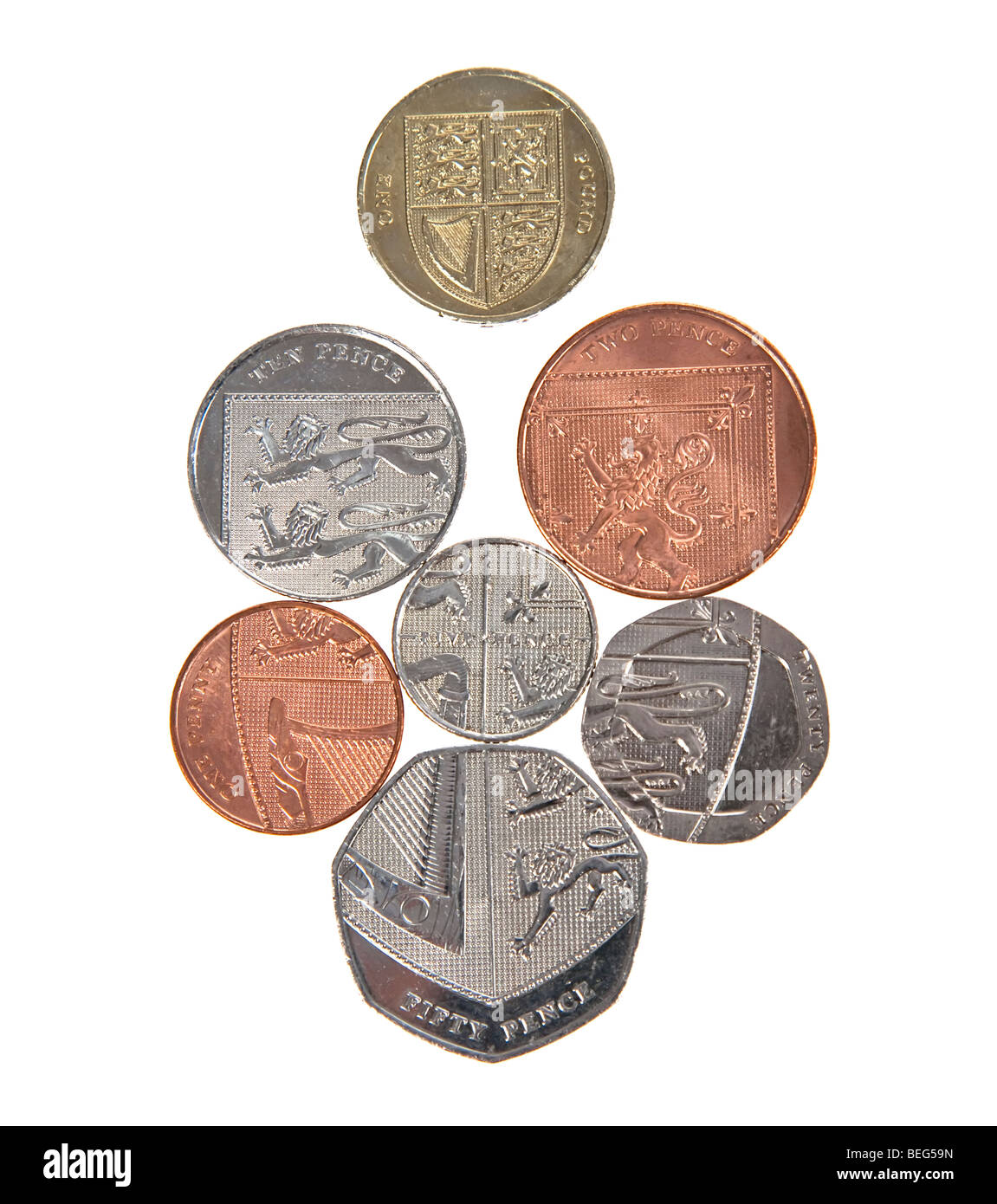 Britische Währung mit sechs Konfessionen vertreten das Muster das königliche Wappen gezeigt in Großbritannien £1 Münze Stockfoto