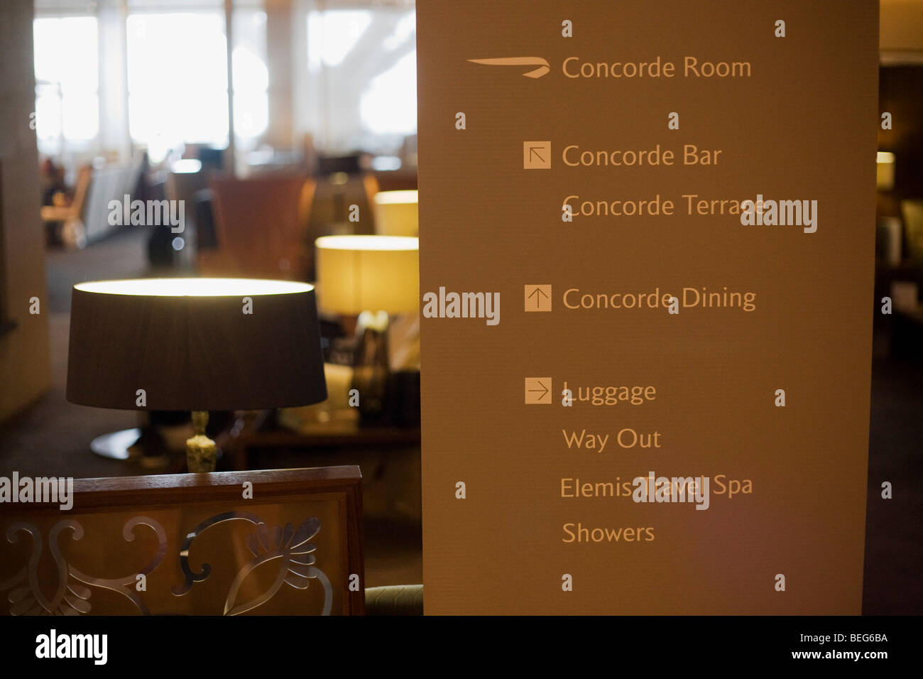 Eingang in die British Airways Concorde Room für First Class Passagiere am Flughafen Heathrow terminal 5 Sign. Stockfoto