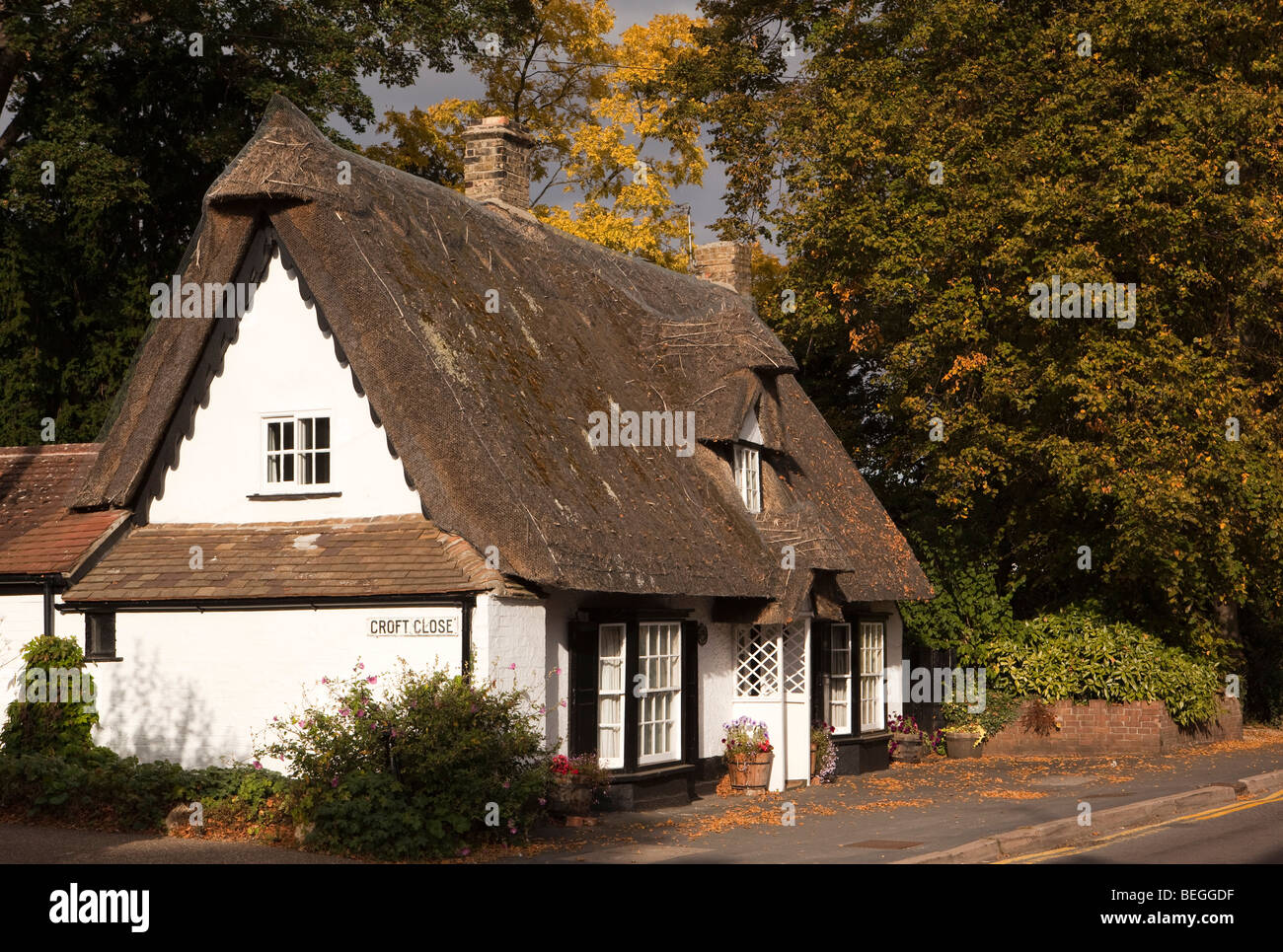 England, Cambridgeshire, Huntingdon, Brampton, High Street, Hecke Ferienhaus idyllisch am Straßenrand Reetdach Haus Stockfoto