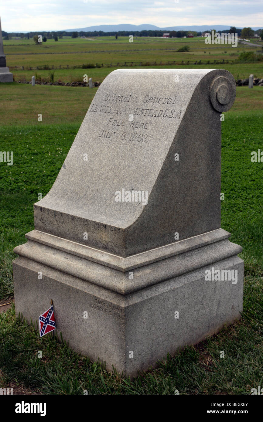 Denkmal, Kennzeichnung, wo Brigadier General Lewis Armistead führenden starb am weitesten Eindringen von Picketts Charge. Stockfoto