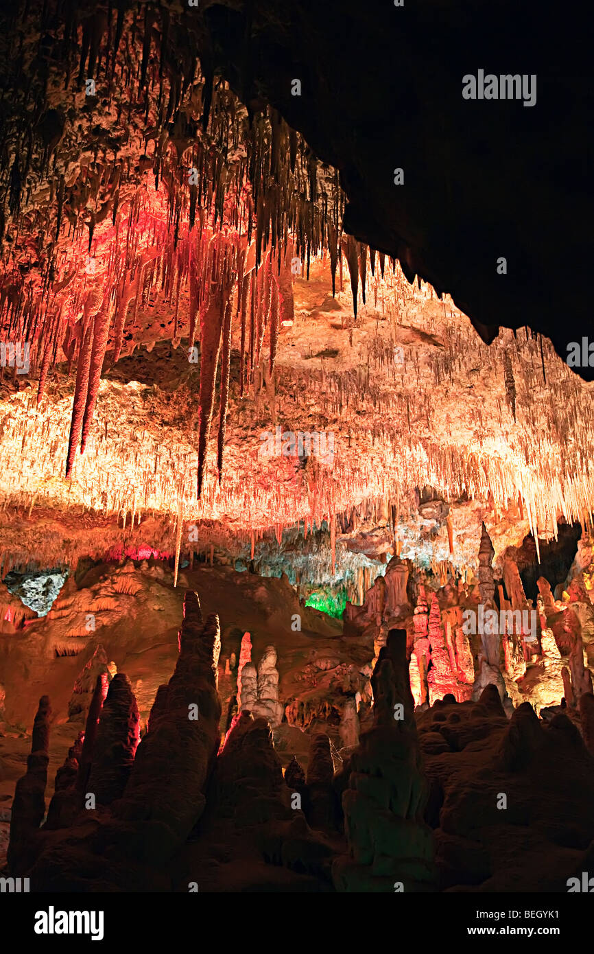 Farblicht in Kammer mit Stalaktiten und Stalagmiten in Schauhöhle Cuevas Dels Hams Porto Cristo Mallorca Spanien Stockfoto