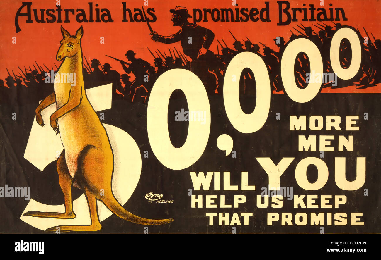Australien hat Großbritannien 50.000 mehr Männer versprochen; helfen Sie uns dieses Versprechen - Weltkrieg-Plakat zu halten Stockfoto