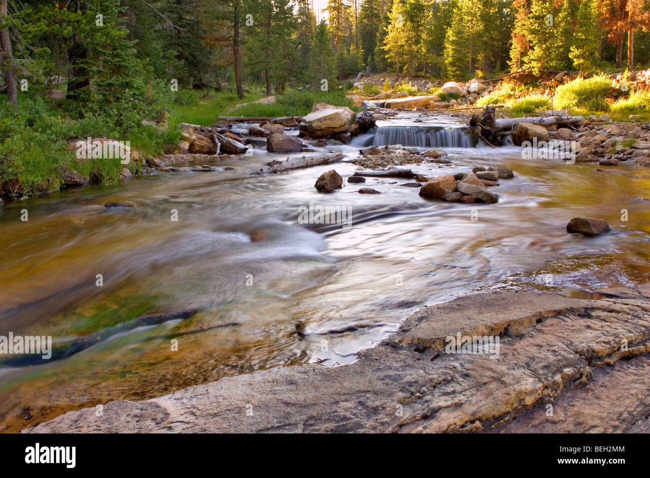 schöne hohe Bergfluss und kleine Wasserfälle Stockfoto