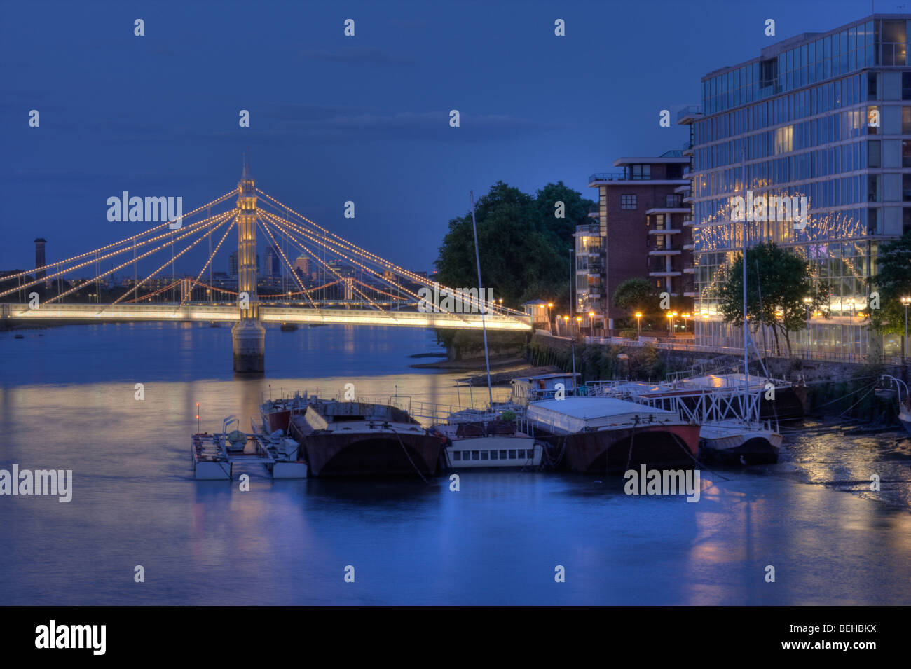 Blick vom Battersea Bridge auf Albert Bridge bei Nacht Stockfoto