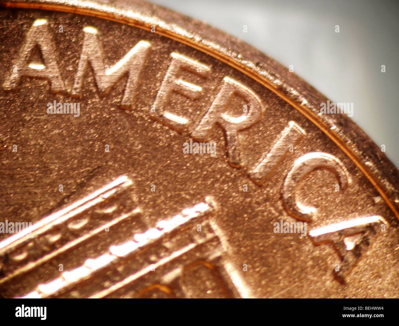 Makro eines Pennys konzentrierte sich auf das Wort "Amerika" Stockfoto
