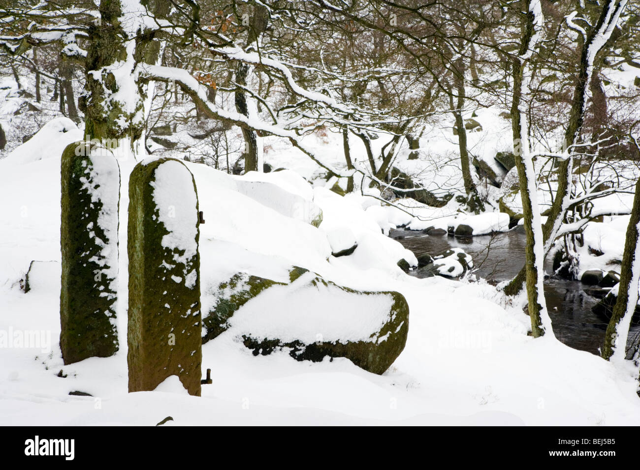 Burbage Brook im Schnee an Padley Schlucht auf dem Longshaw Anwesen in der Nähe von Hathersage im Peak District in Derbyshire Stockfoto