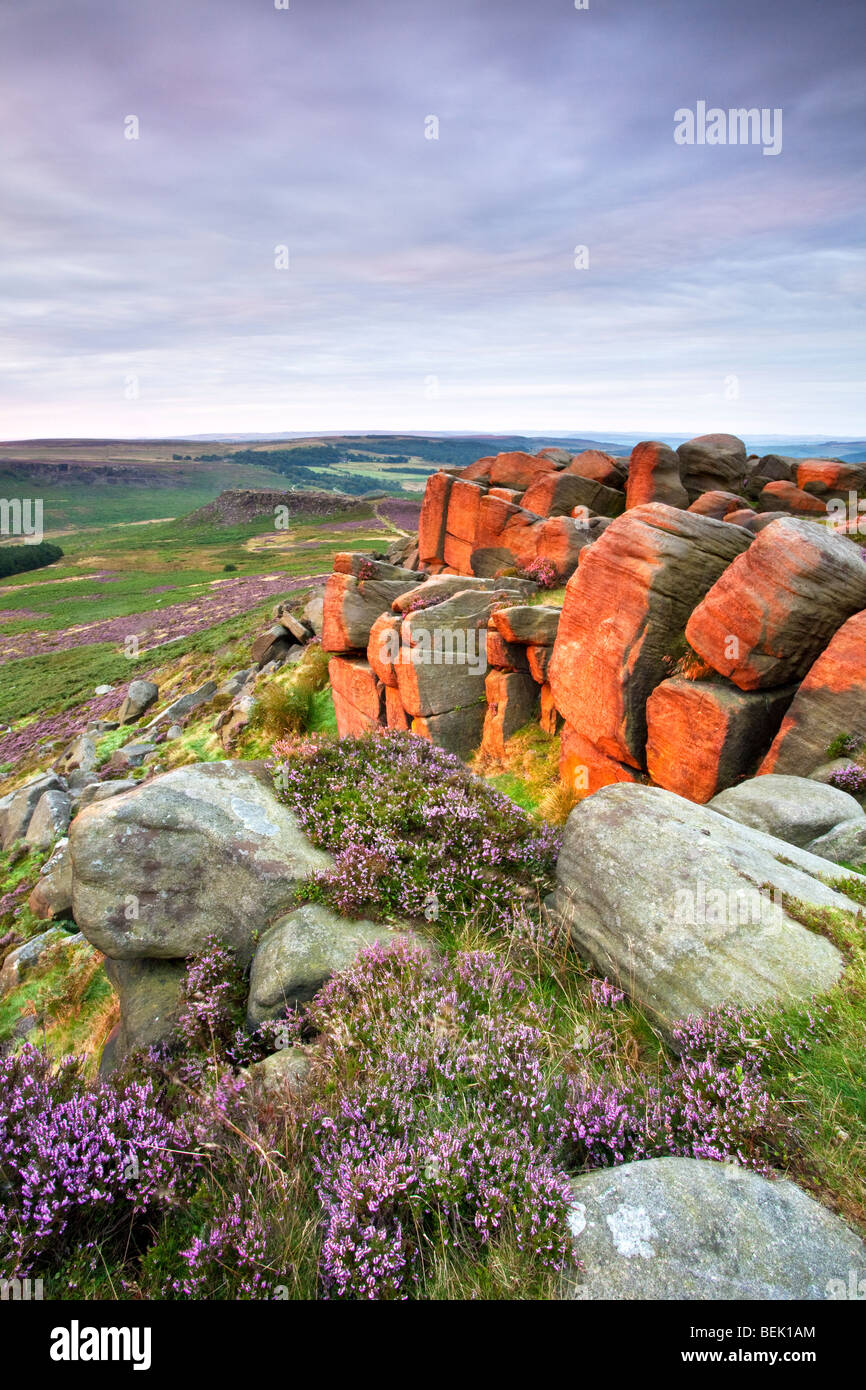 Higger Tor Felsen beleuchtet warm Dawn im Sommer leichte in der Peak District National Park Stockfoto