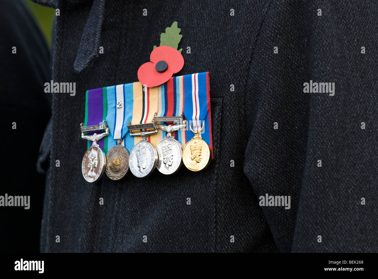 Erfahrene Soldat Paraden präsentierte stolz tragen Medaillen für bewaffneten Dienst Aufgaben während der Konflikt & Krieg. Stratford-upon-Avon UK Stockfoto