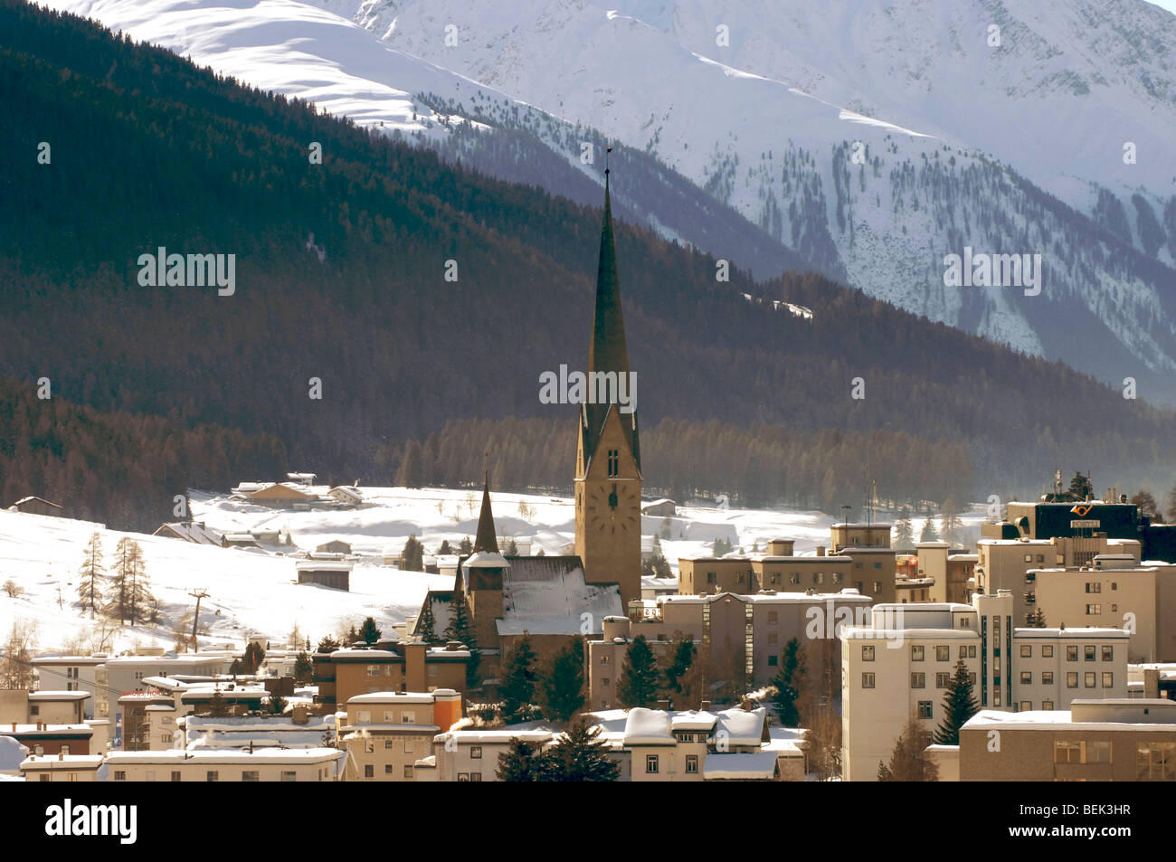 Davos Kirche Spire, Schweiz Stockfoto