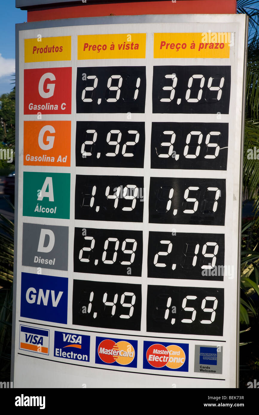 Kraftstoff-Preisliste für Diesel, Ethanol, komprimiertes Erdgas und "Benzin  C' das Benzin mit Ethanol hinzugefügt. Brazilien Stockfotografie - Alamy
