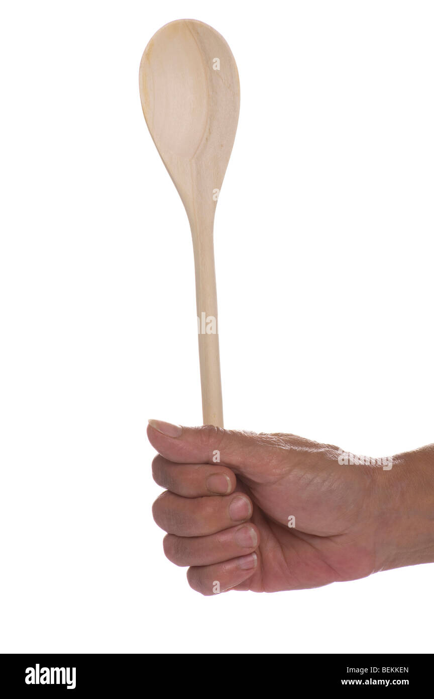 Objekt auf weiß - Holz Löffel in der hand Stockfoto