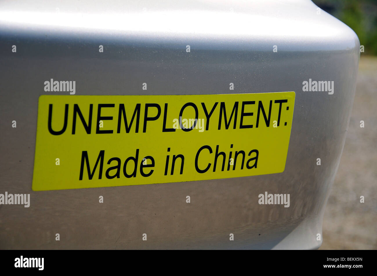 Autoaufkleber: "Arbeitslosigkeit: Made in China" Stockfoto