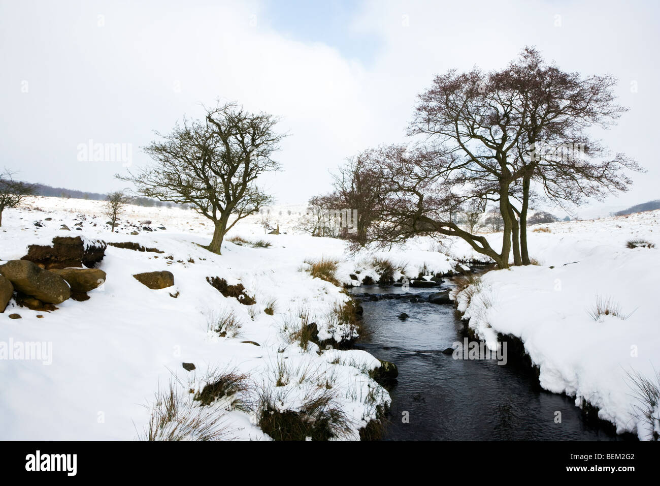 Ein Blick auf Burbage Brook im Schnee auf dem Longshaw Anwesen im Peak District in Derbyshire Stockfoto