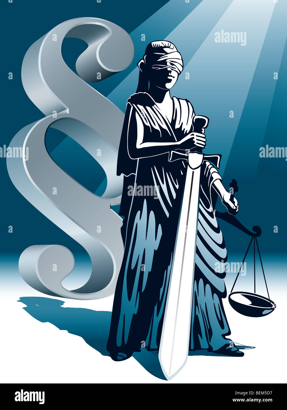 Blinde Justitia mit Waage und Schwert Stockfoto