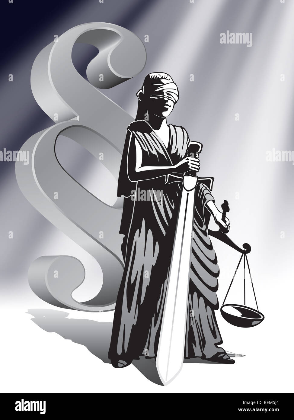 Blinde Justitia mit Waage und Schwert Stockfoto