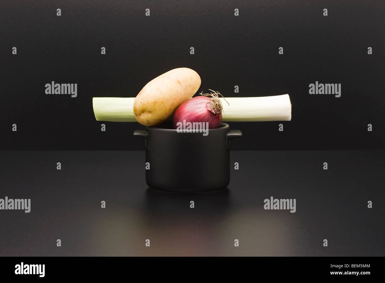 Food-Konzept, frisches Gemüse auf Miniatur-Topf Stockfoto