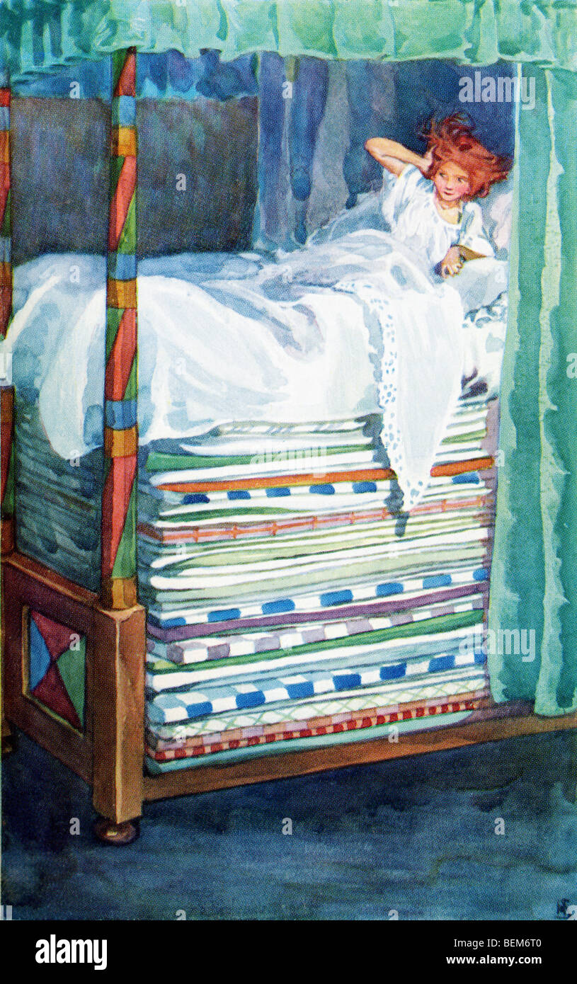 Die Prinzessin und die Erbse. Farbe-Illustration von Helen Stratton aus den Buch-Andersen Märchen veröffentlicht c.1930. Stockfoto