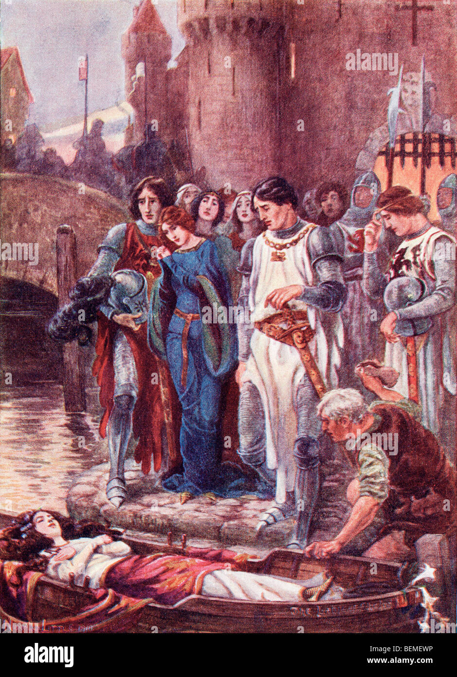 Sir Lancelot schaut bei ihrer Ankunft in Camelot die tote Lady von Shalott. Stockfoto