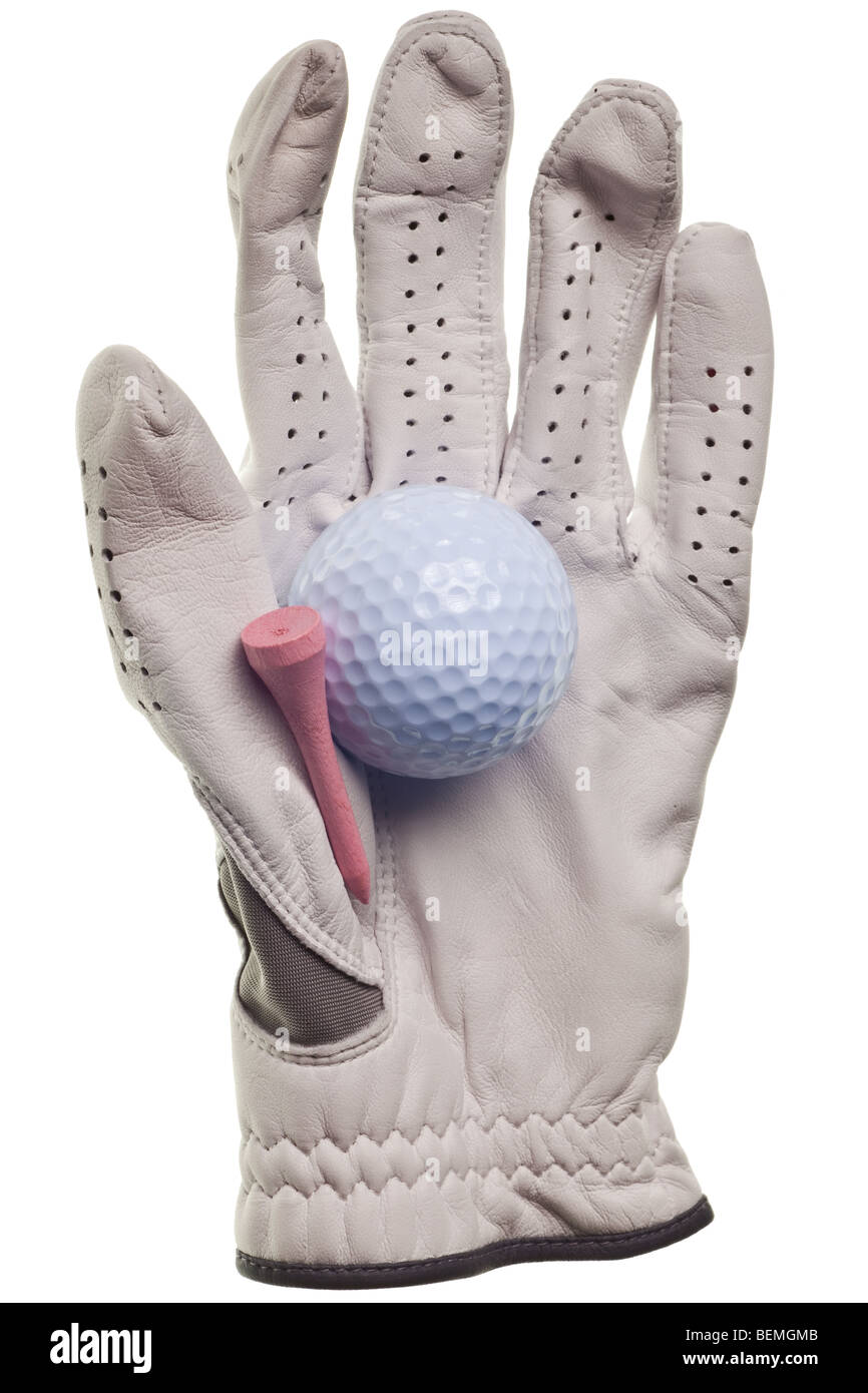 Golfball und Handschuh auf einen rein weißen Hintergrund isoliert Stockfoto