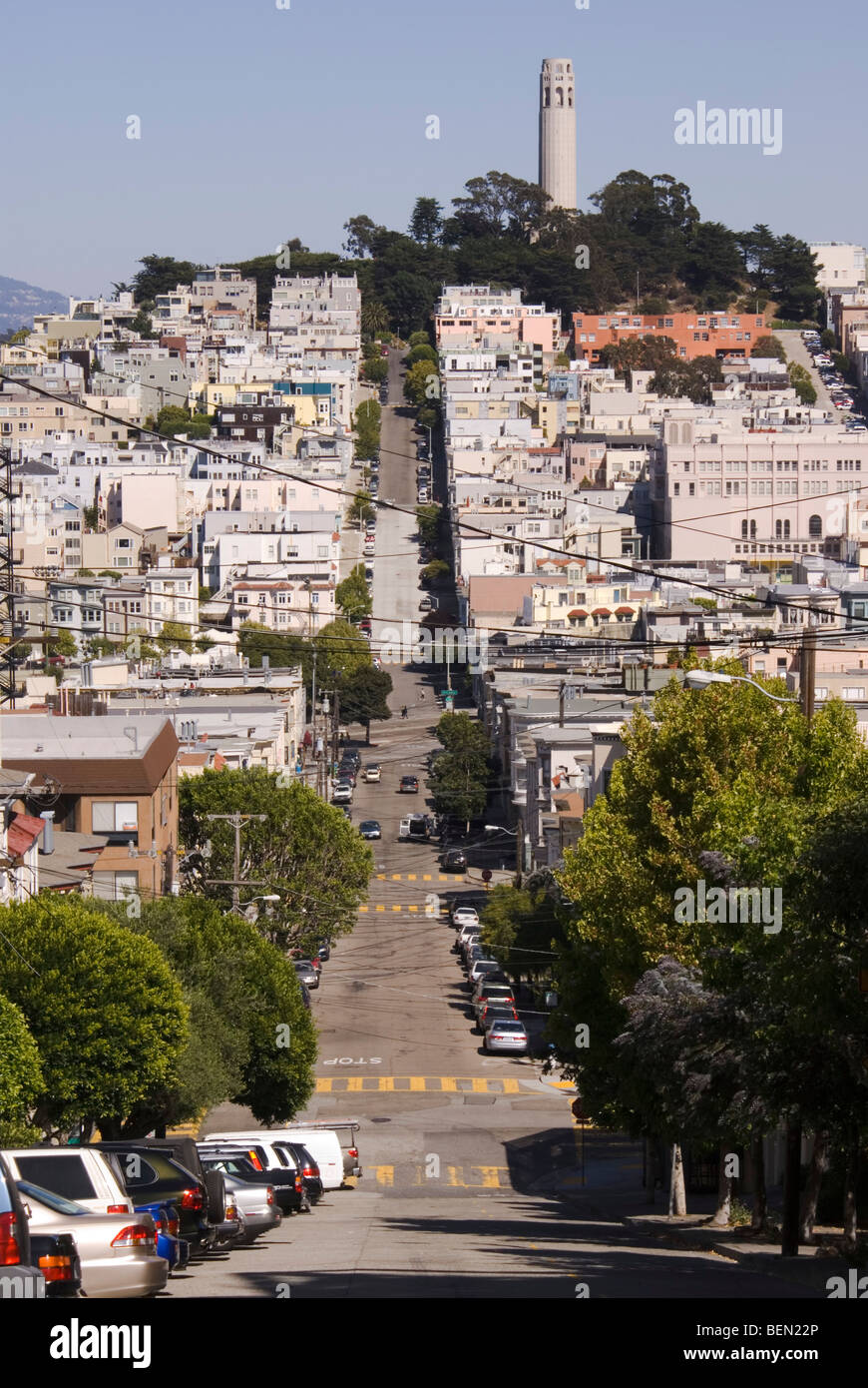Blick auf Telegraph Hill und der Coit Tower von Greenwich St, San Francisco, Kalifornien, USA. Stockfoto