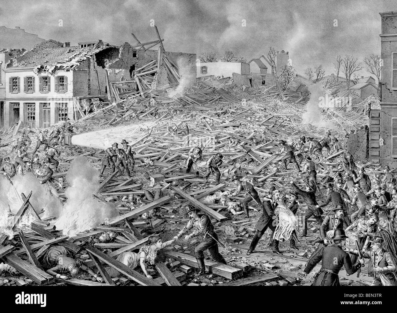 Rettungsarbeiten nach der großen Zyklon, Tornado und Feuer in Louisville, Kentucky 27. März 1890 Stockfoto