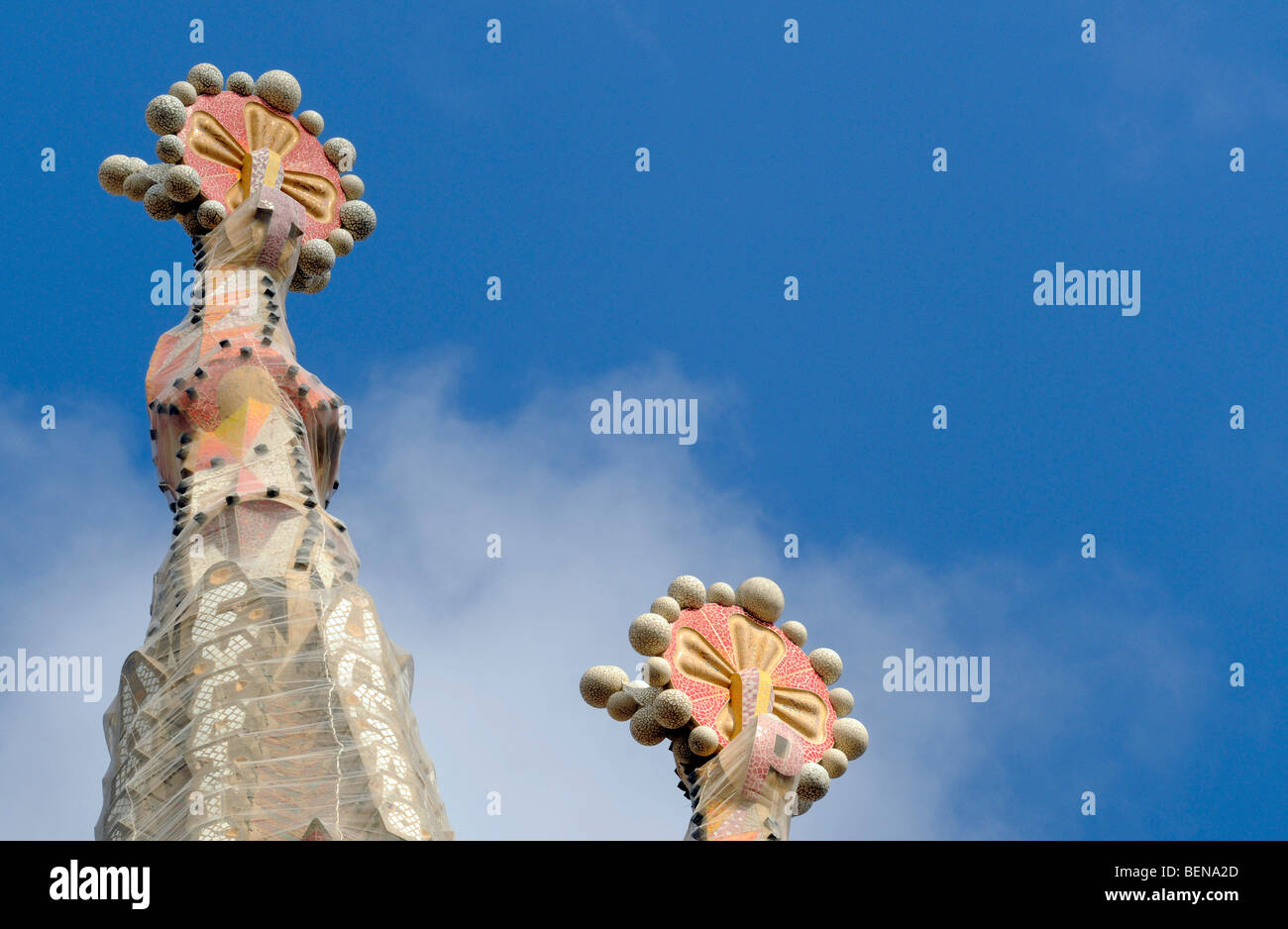 Nahaufnahme Foto die Kirchtürme der Sagrada Familia Gaudis riesige Kirche in Barcelona, Spanien. Stockfoto