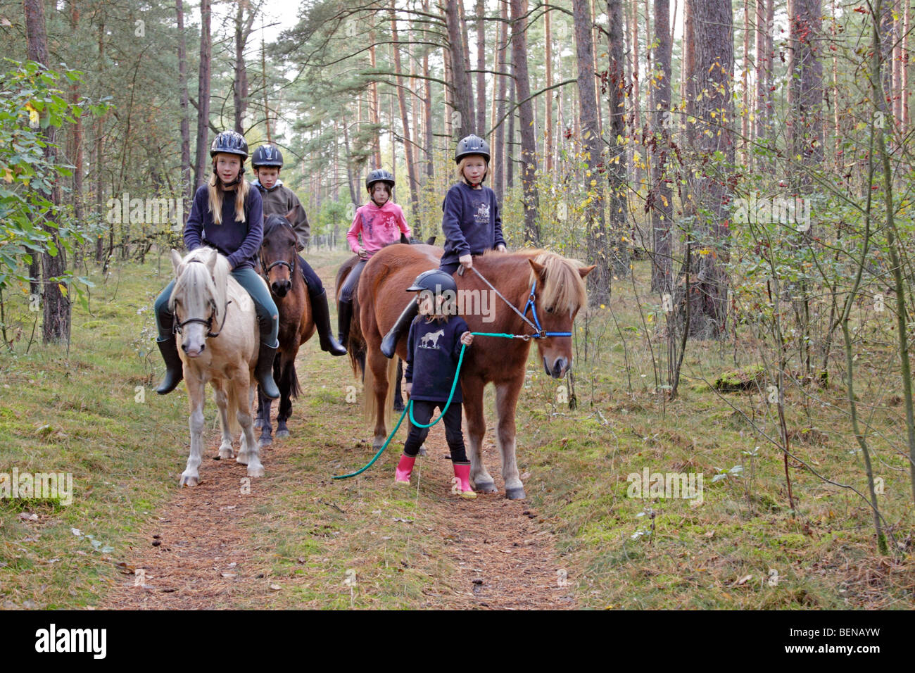 Kinder auf ihren Ponys durch einen Wald reiten Stockfoto