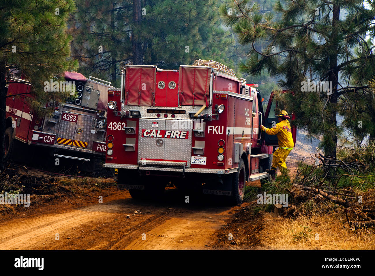 Feuerwehrauto und Wildland Feuerwehrleute in Kalifornien Ritter ein Lauffeuer im Stanislaus National Forest. CALFIRE / CDF Stockfoto