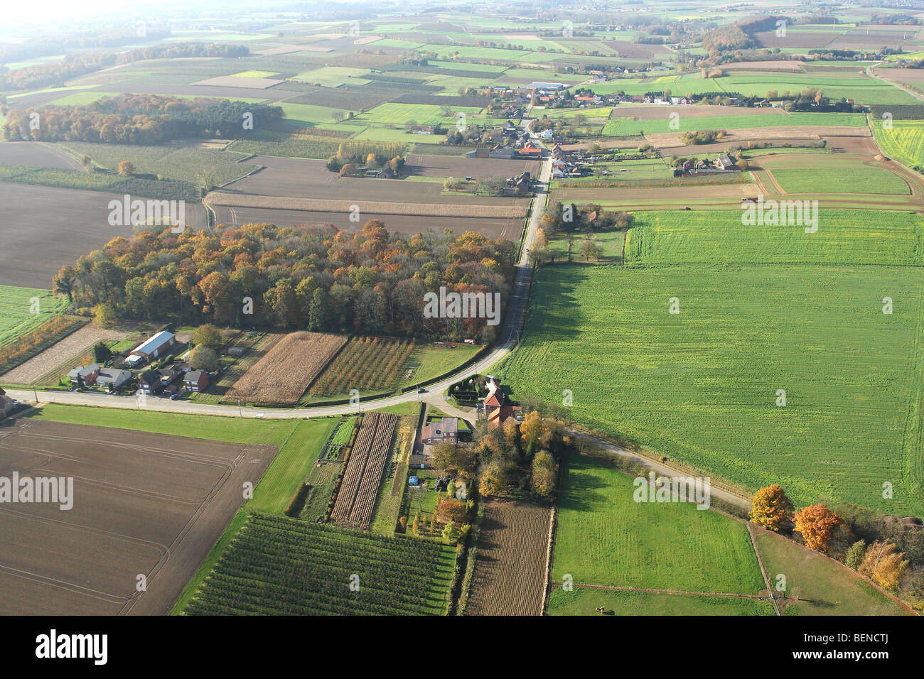 Urbanisierung entlang Felder aus der Luft, Belgien Stockfoto