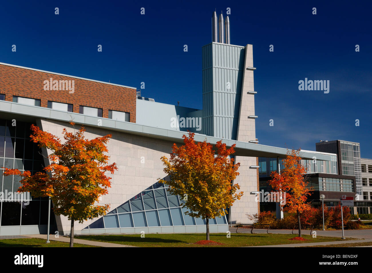 Herbst rote Farben bei Seneca College york university Stephen e Quinlan und Bennett center Gebäude mit blauem Himmel Stockfoto