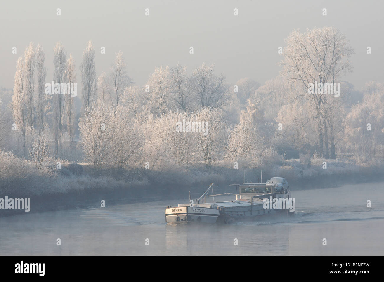 Grachtenboot auf der Schelde mit Bäumen bedeckt in Frost, Belgien Stockfoto