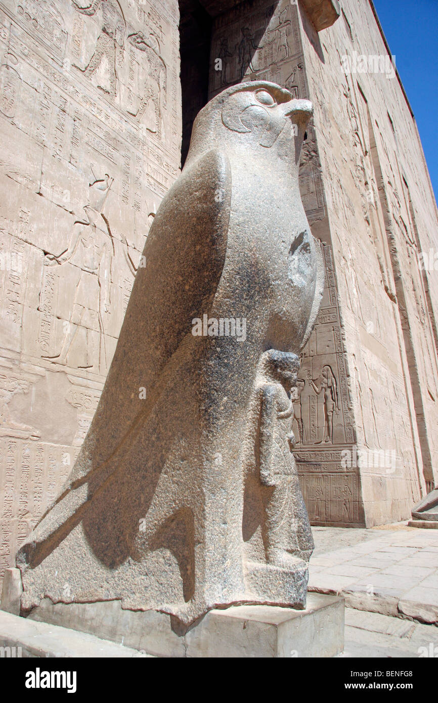 Statue des Horus an den Tempel von Edfu, antiken ägyptischen Tempel befindet sich am Westufer des Nil, Ägypten, Nordafrika Stockfoto