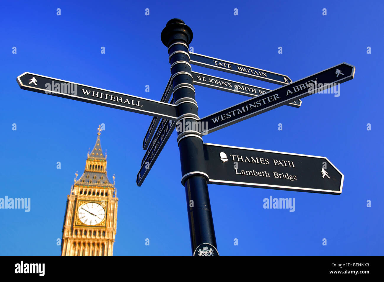 Touristischen Zeichen Clock Face Big Ben St.-Stephans Turm Parlament Gebäude Westminster London Stadt England UK Stockfoto
