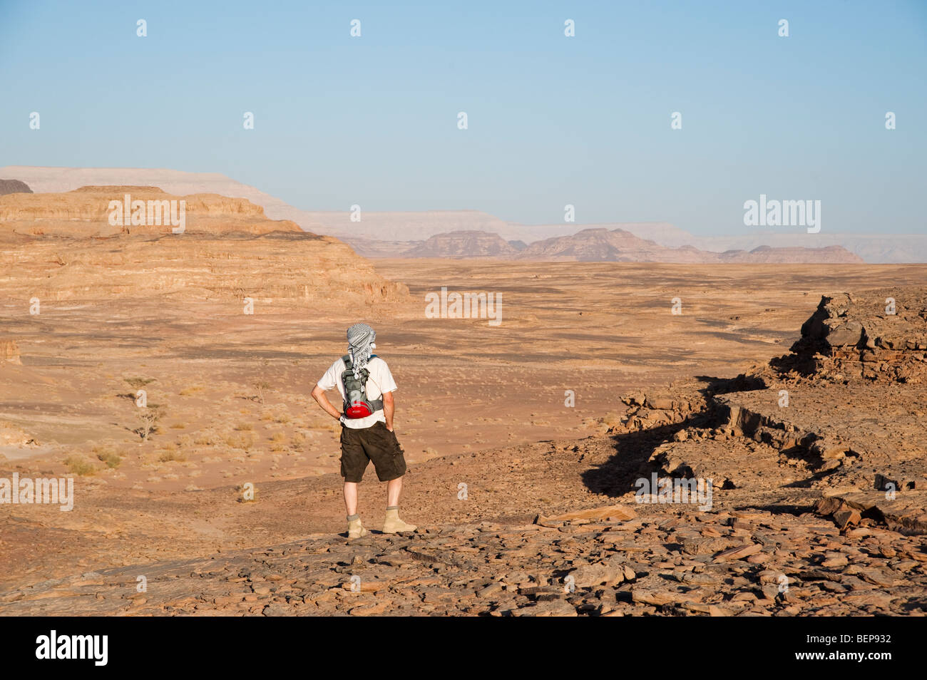 Ein Mann, der Blick über die Wüstenlandschaft im Sinai Ägypten Stockfoto