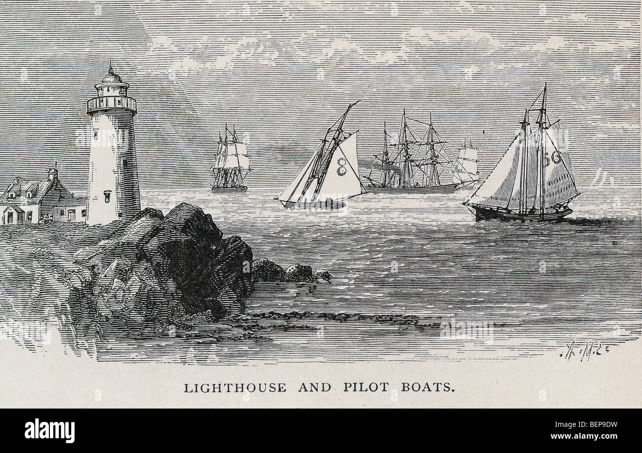 100 Jahre alte Lithographie "Leuchtturm und Lotsenbooten" Stockfoto